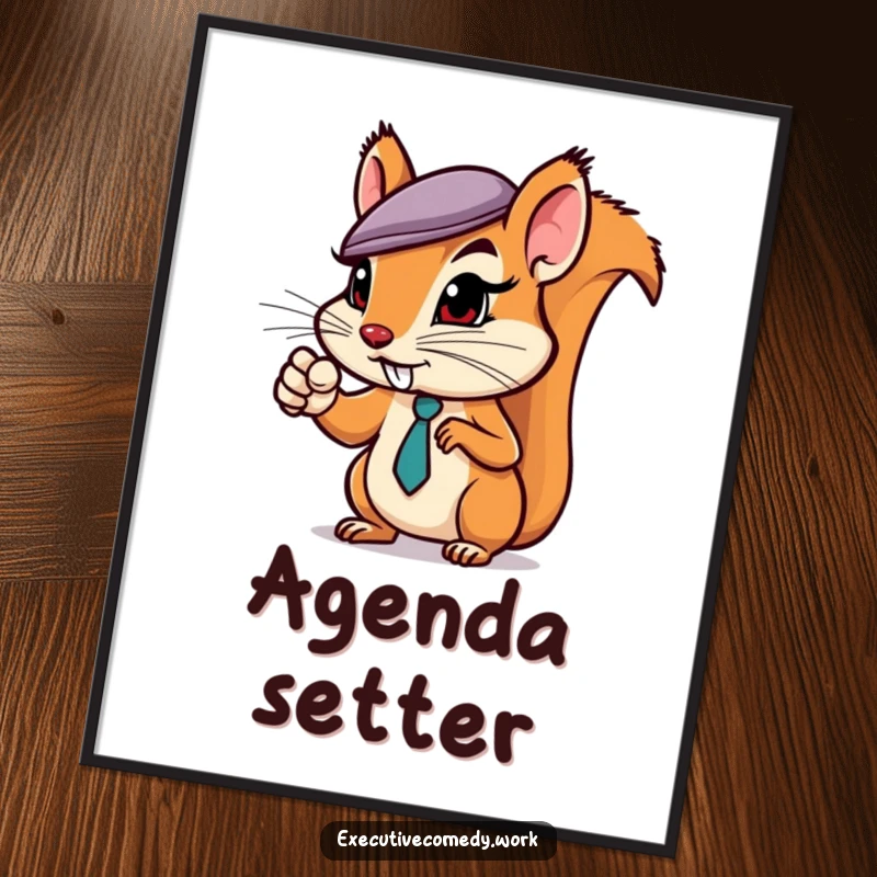 Funny squirrel in a business hat pointing assertively as a digital art print, ready to inspire ambition and humor.