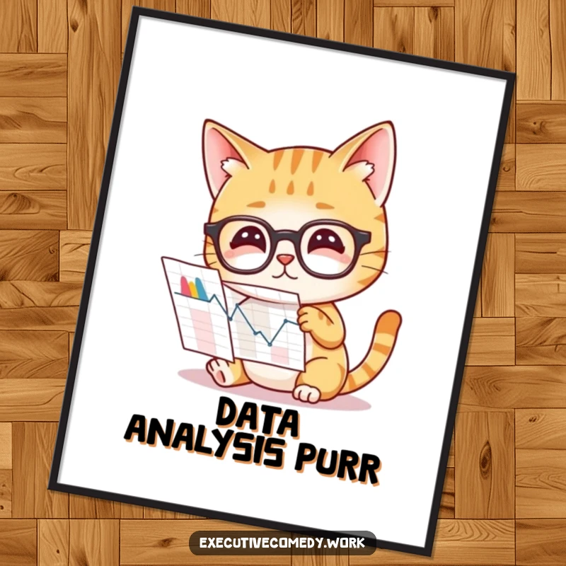 Funny digital art print of a curious cat wearing glasses, studying a complex graph, symbolizing intelligence.