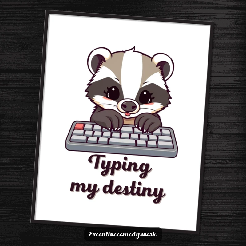 Funny digital art print of a determined badger with large paws typing on a keyboard, symbolizing dedication.