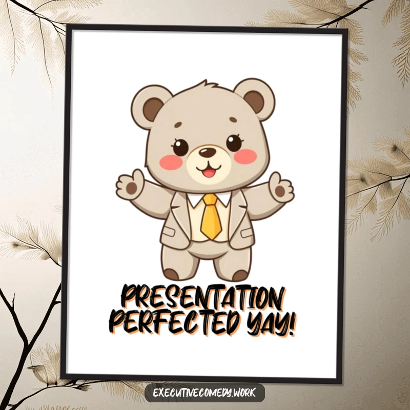 Funny bear cub in a tiny suit and tie, enthusiastically presenting a cheerful and professional vibe as digital art.