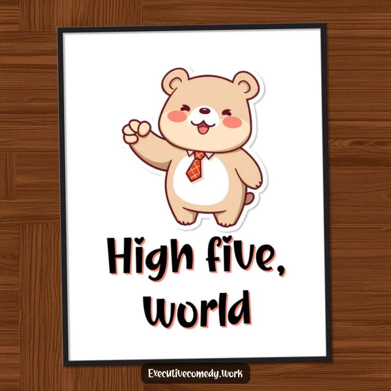 Funny digital art print of a bear in a tie triumphantly pumping its fist, ideal for instant motivational decor.