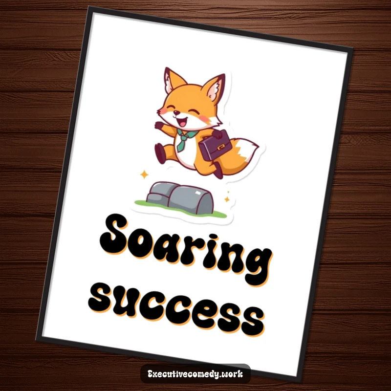 Funny digital art print of a happy fox with a briefcase leaping over a small obstacle, symbolizing ambition.