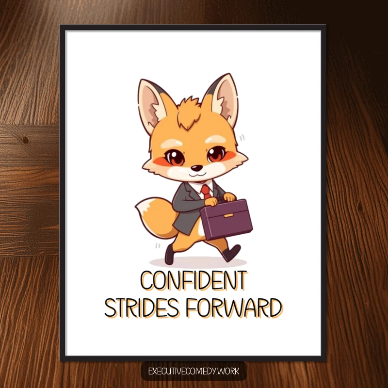 Funny determined fox cub holding a briefcase, striding confidently forward, presented as motivational digital art.