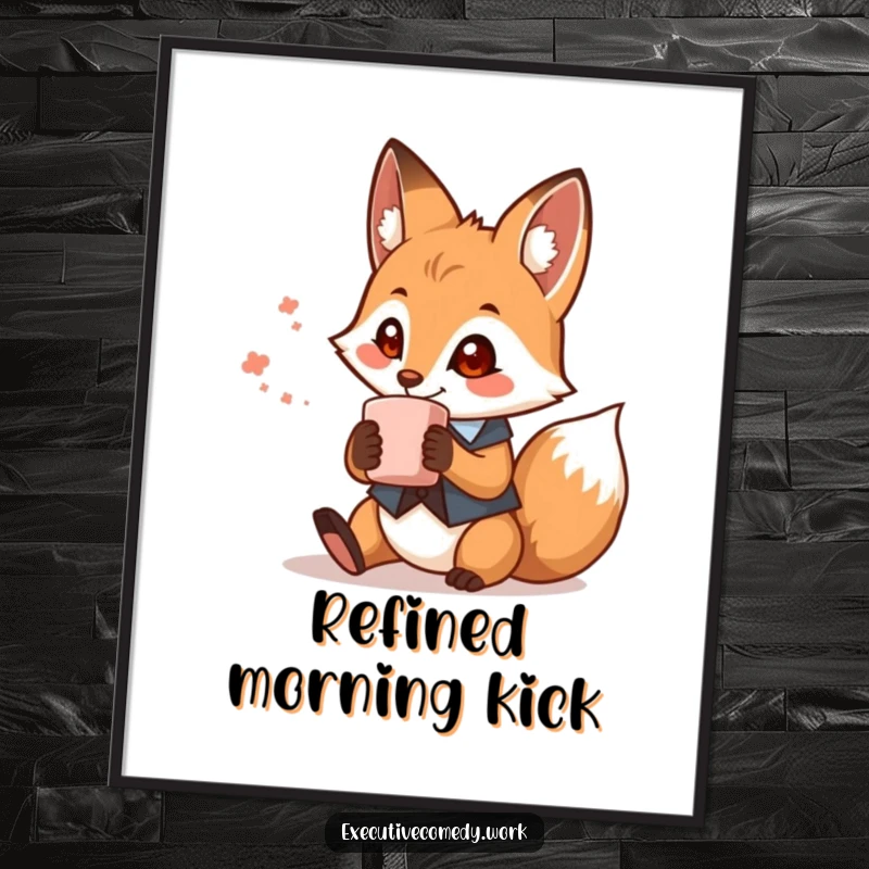 Funny fox in a waistcoat holding a coffee mug as a digital art print, ready to be downloaded for whimsical wall decor.