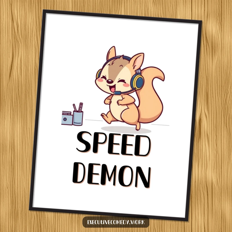 Funny digital art print of a playful squirrel in a headset rushing across a desk, symbolizing speed and focus.