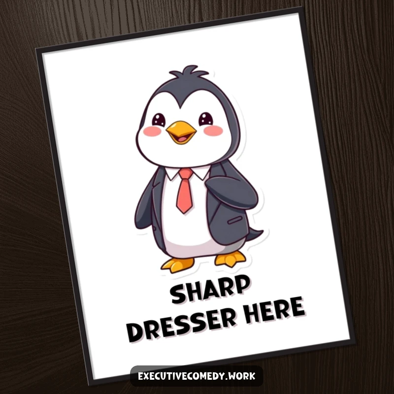 Funny Digital Art Print of a happy penguin in a sharp suit, adjusting its tie, instant download.