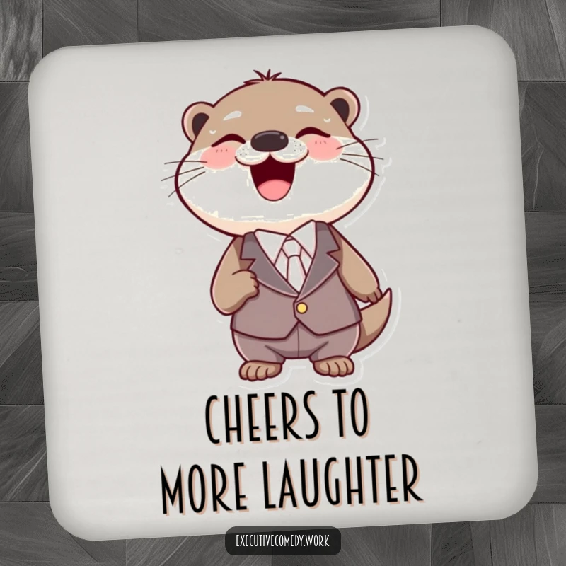 Funny otter in a tiny suit, laughing heartily while preventing spills on a charming drink coaster.