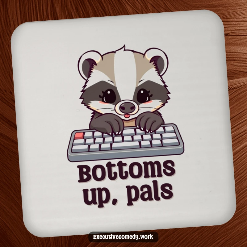 Funny drink coaster featuring a determined badger with large paws typing on a keyboard, adding a touch of focus.