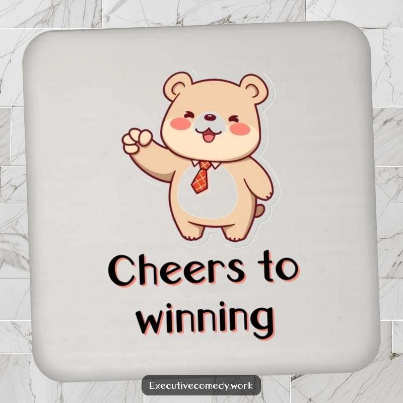 Funny drink coaster featuring a bear in a tie pumping its fist, adding a touch of celebratory humor.