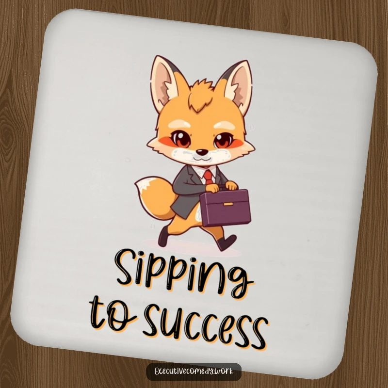 Funny determined fox cub holding a briefcase, striding confidently on a protective drink coaster.