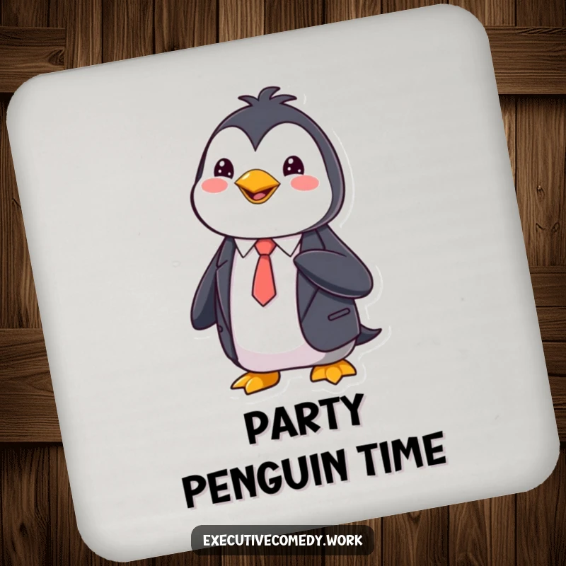 Funny Coasters showing a happy penguin in a sharp suit, adjusting its tie, protecting surfaces.