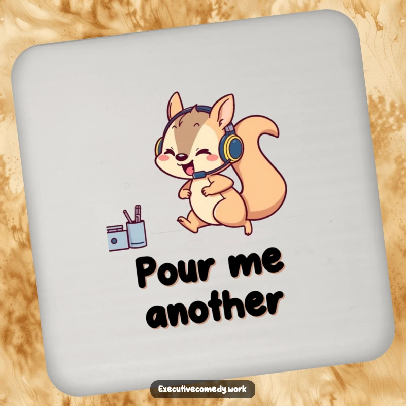 Funny drink coaster featuring a playful squirrel in a headset rushing across a desk, adding a touch of speed.