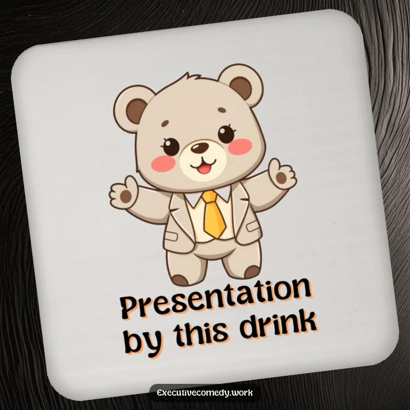 Funny bear cub in a tiny suit and tie, enthusiastically presenting a clean surface on a decorative drink coaster.