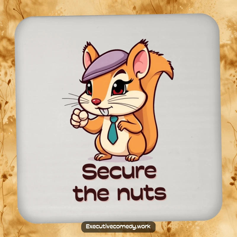 Funny squirrel in a business hat pointing assertively on a drink coaster, adding motivational humor to any desk or table.