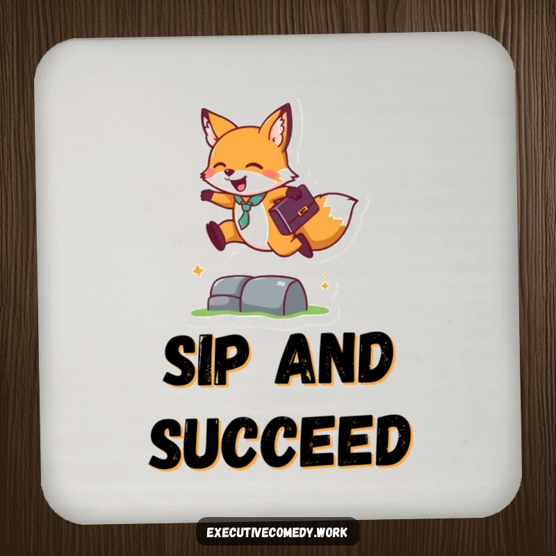 Funny drink coaster featuring a happy fox with a briefcase leaping over a small obstacle, adding a touch of wit.