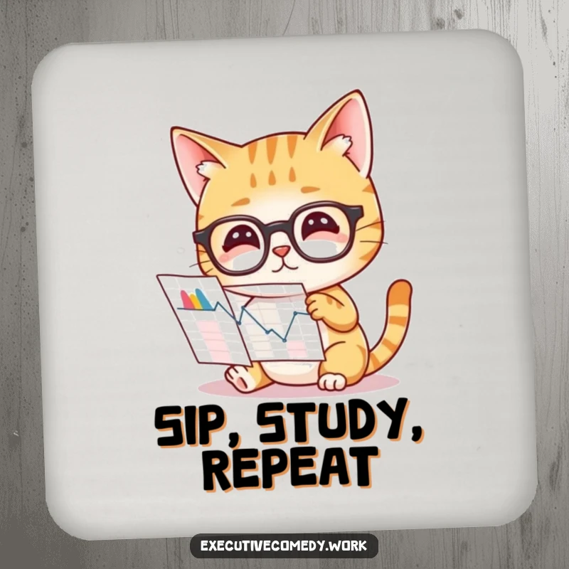 Funny drink coaster featuring a curious cat wearing glasses, studying a complex graph, adding a touch of intelligence.