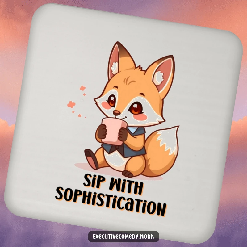 Funny fox in a smart waistcoat holding a coffee mug on a drink coaster, protecting surfaces with humorous style.