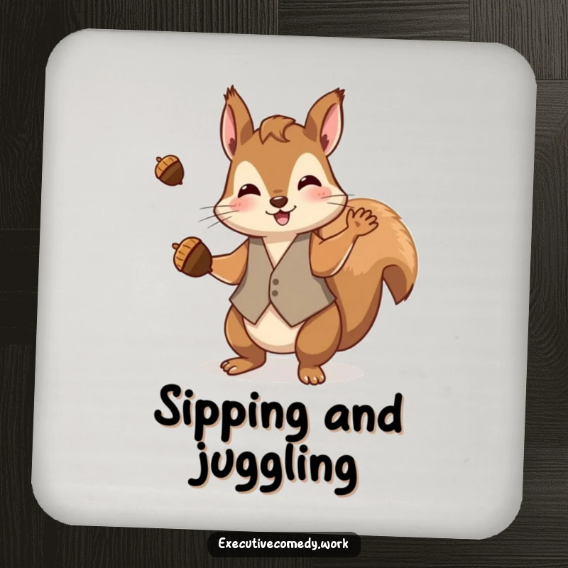 Funny squirrel wearing a waistcoat, juggling acorns while protecting a surface on a decorative drink coaster.