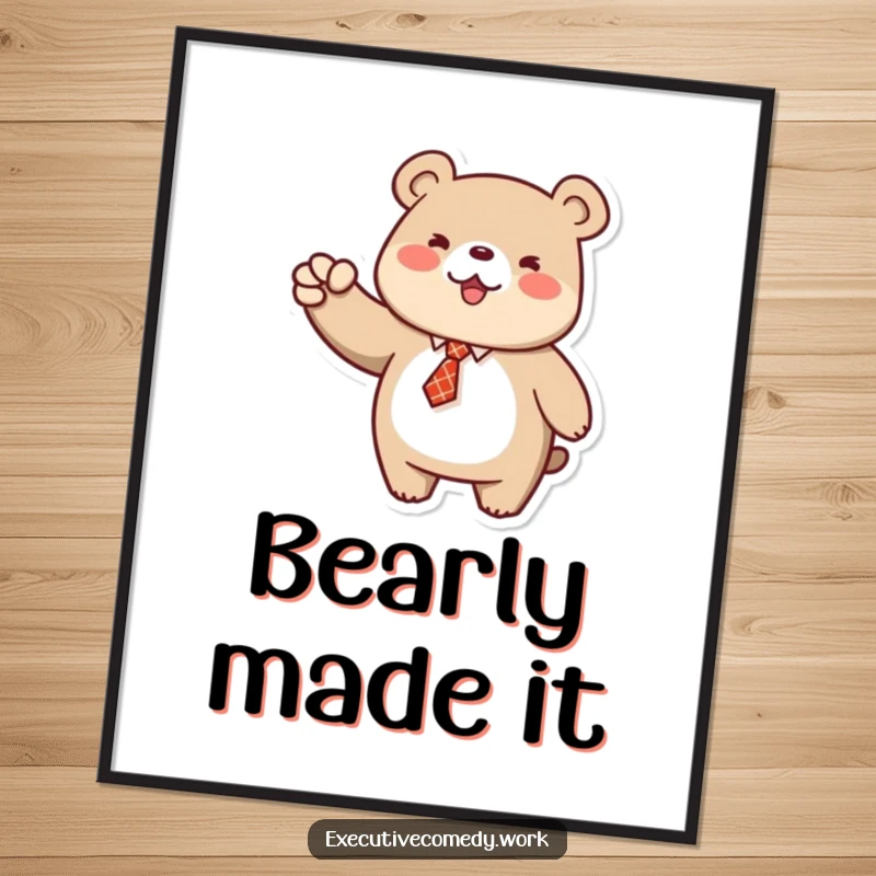 Funny poster art of a bear in a tie pumping its fist in the air, conveying pure joy and accomplishment.