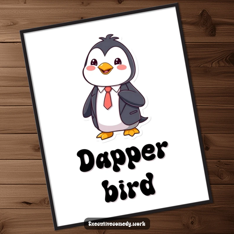 Funny Poster displaying a happy penguin in a sharp suit, adjusting its tie, perfect for sophisticated decor.