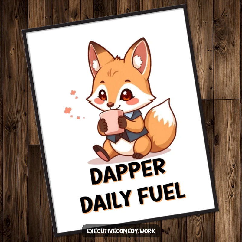 Art print of a funny fox wearing a miniature waistcoat and holding a coffee mug, adding whimsical decor and humor.