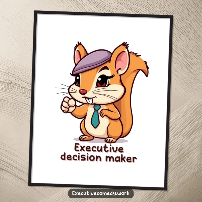 Art print of a determined squirrel in a business hat pointing assertively, designed to add motivational humor to any wall.
