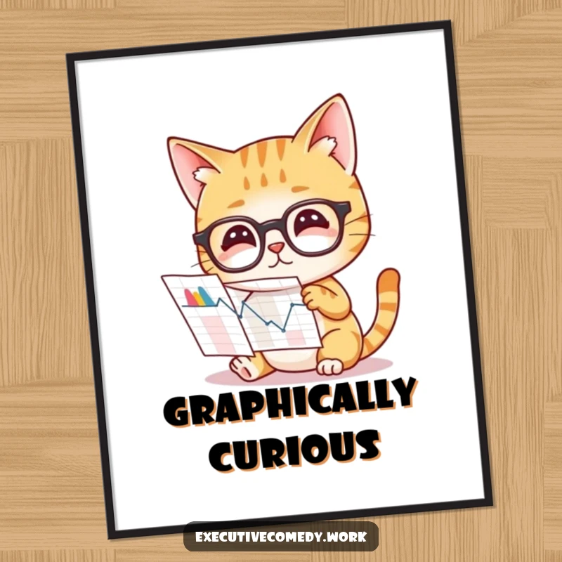 Funny poster art of a curious cat wearing glasses, intently studying a complex data graph, symbolizing intelligence.