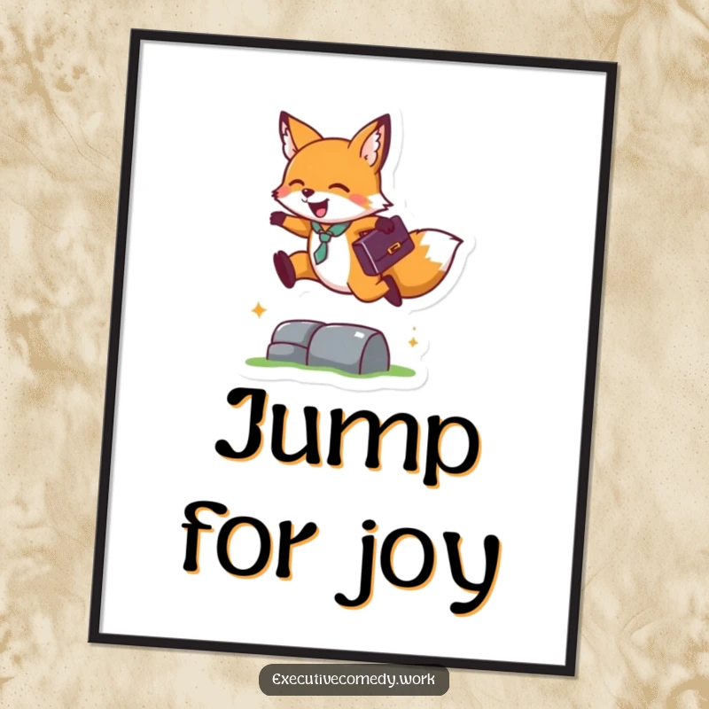 Funny poster art of a happy fox with a briefcase leaping over a miniature obstacle, symbolizing ambition and success.