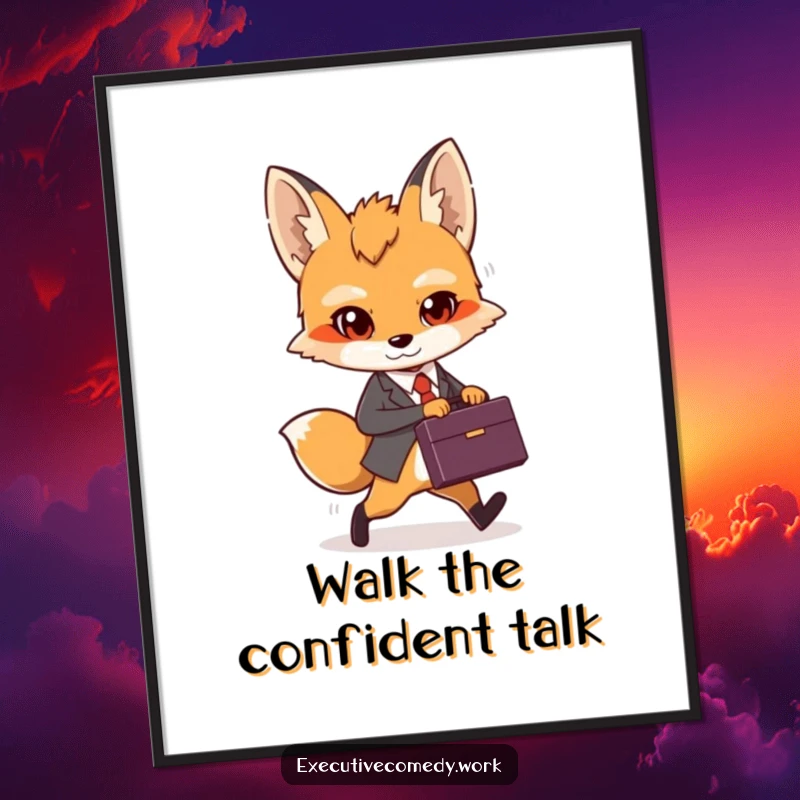 Funny determined fox cub holding a briefcase, walking with purpose, displayed as an inspiring poster.