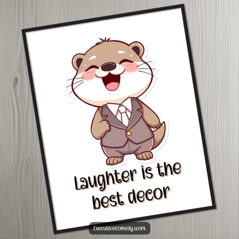 Funny otter in a tiny suit, laughing heartily with its head thrown back, featured as a cheerful wall art print.