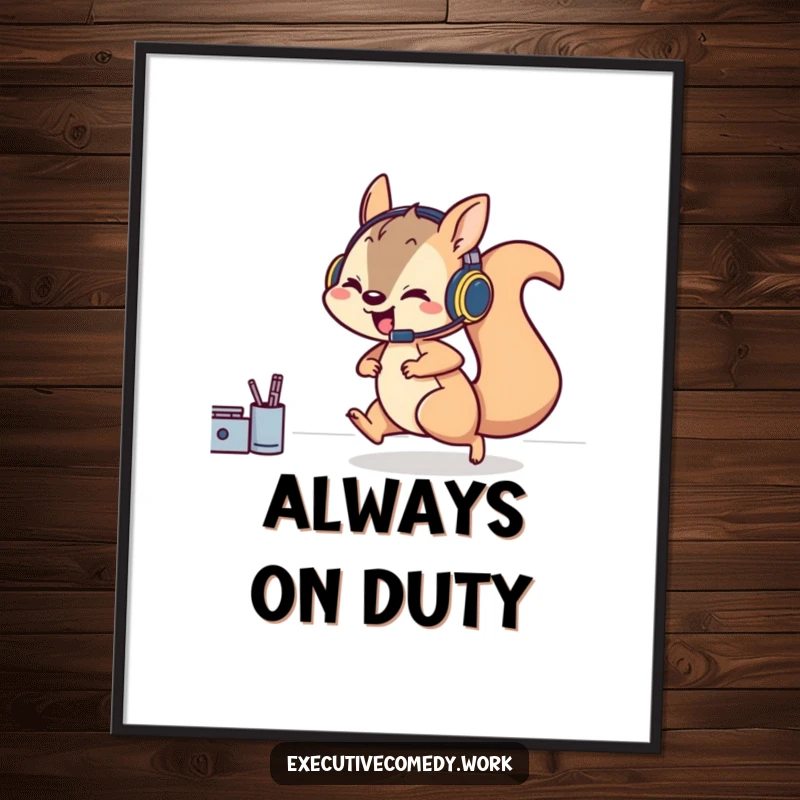 Funny poster art of a playful squirrel wearing a headset, speeding across a cluttered desk, conveying intense focus.