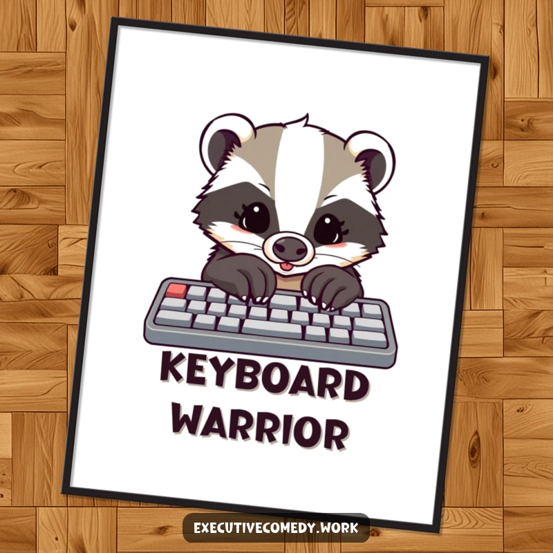 Funny poster art of a determined badger with large paws enthusiastically typing on a computer keyboard, symbolizing focus.