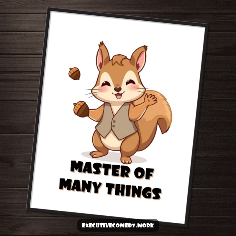Funny squirrel wearing a waistcoat, expertly juggling acorns in a dynamic pose as a cheerful poster.