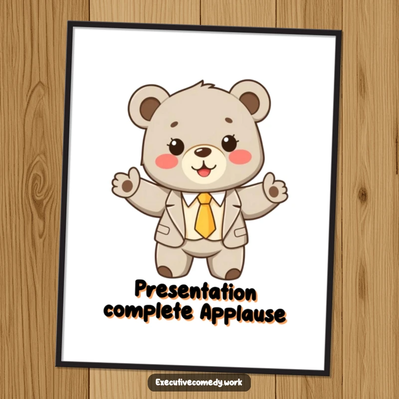 Funny bear cub wearing a tiny suit and tie, enthusiastically presenting itself as a charming piece of wall art.