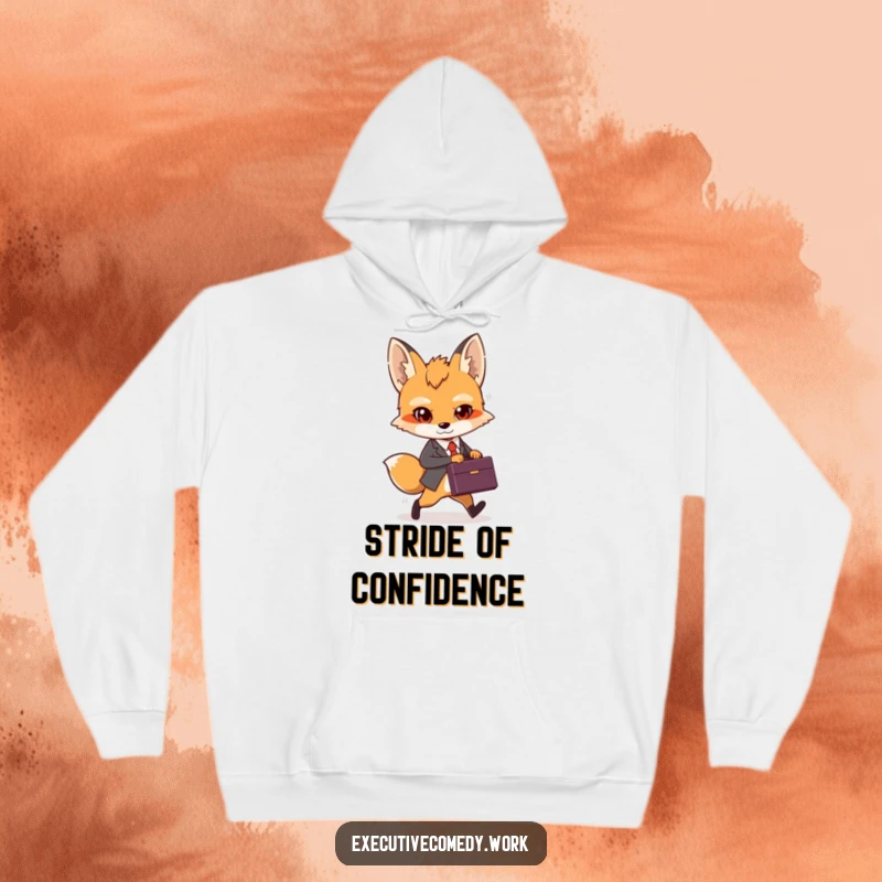 Funny determined fox cub holding a briefcase, walking with purpose on a soft, warm hoodie.