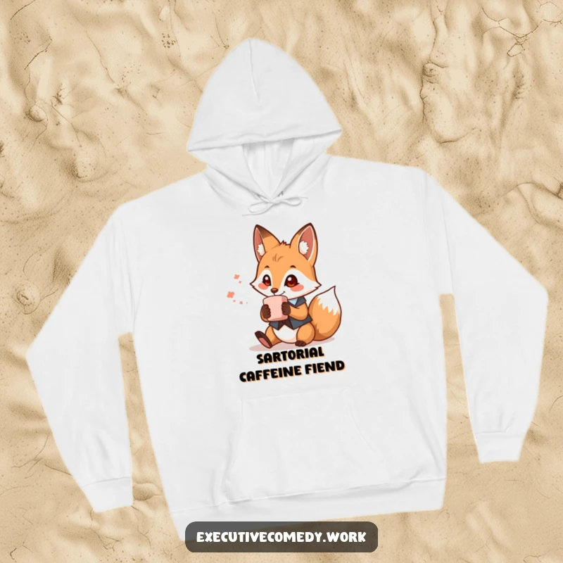 Funny fox in a tiny tweed waistcoat holding a coffee cup, featured on a cozy hoodie, ideal for cold mornings and humor.
