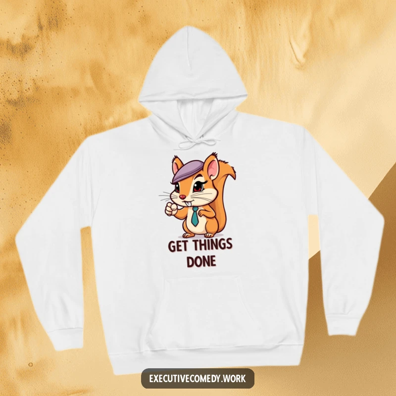 Funny squirrel in a business hat pointing assertively, featured on a warm hoodie for motivational and humorous wear.