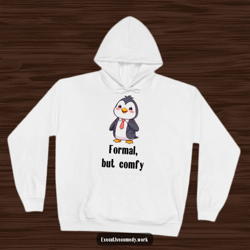 Funny Hoodie depicting a happy penguin in a sharp suit, adjusting its tie, ideal for chilly elegance.