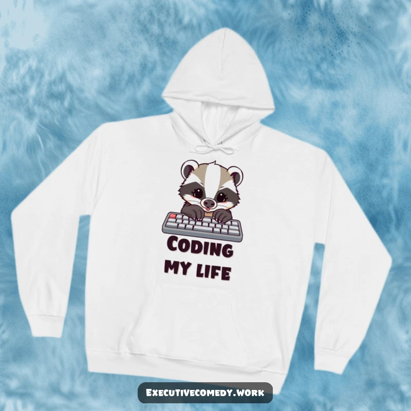 Funny hoodie design of a determined badger with large paws enthusiastically typing on a keyboard, exuding focus.