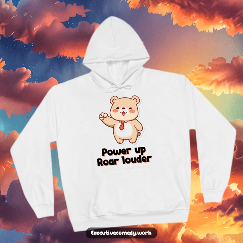 Funny hoodie design showing a happy bear in a tie giving a powerful fist pump, radiating success and enthusiasm.