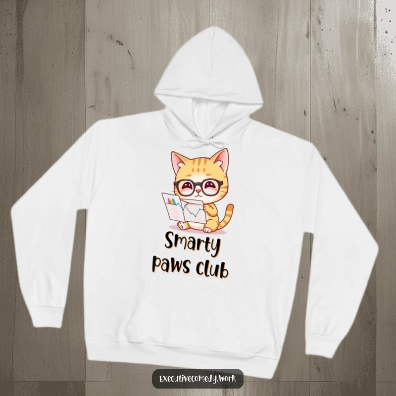 Funny hoodie design of a curious cat wearing glasses, intently studying a complex graph, exuding intelligence.