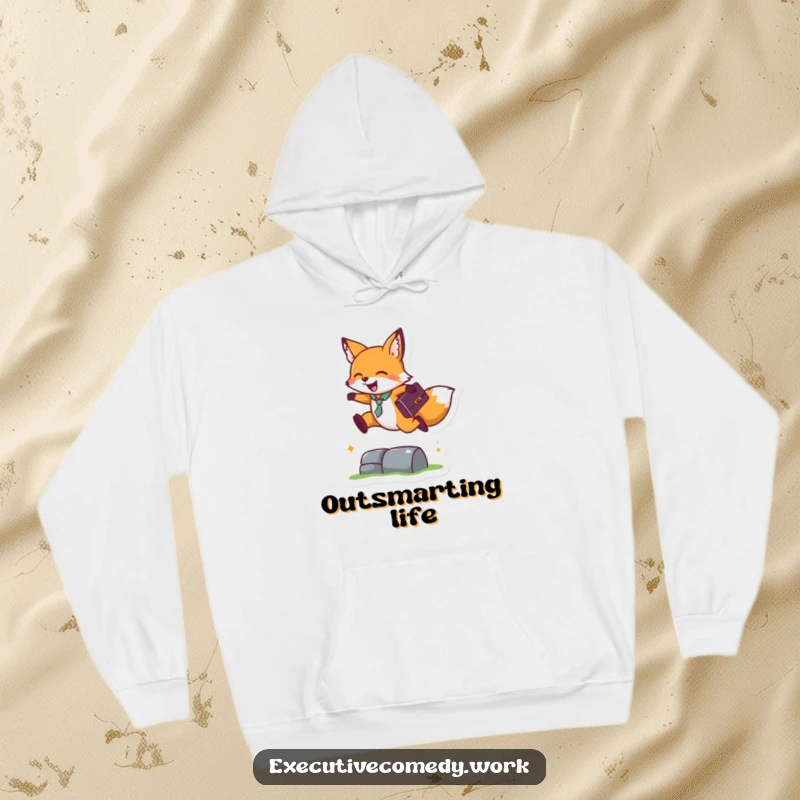 Funny hoodie featuring a happy fox carrying a briefcase, mid-leap over a small obstacle, exuding ambition and ease.
