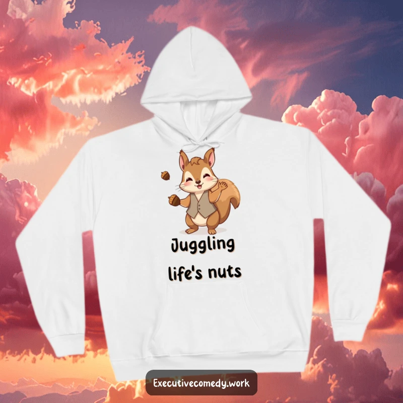 Funny squirrel in a waistcoat, juggling acorns with nimble paws on a warm, comfortable hoodie.