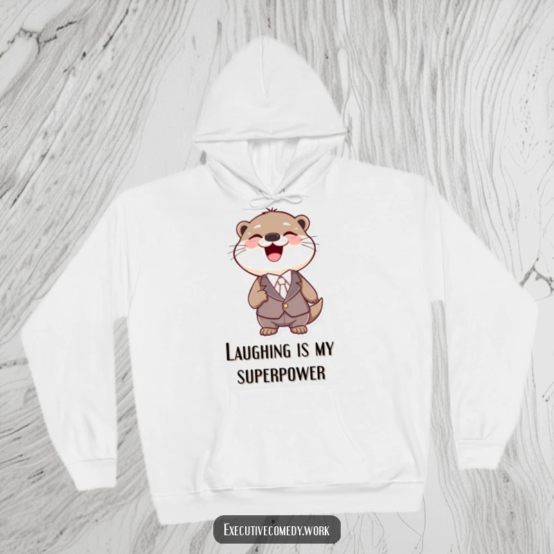 Funny otter dressed in a tiny suit, laughing heartily with its sides splitting on a comfortable hooded sweatshirt.