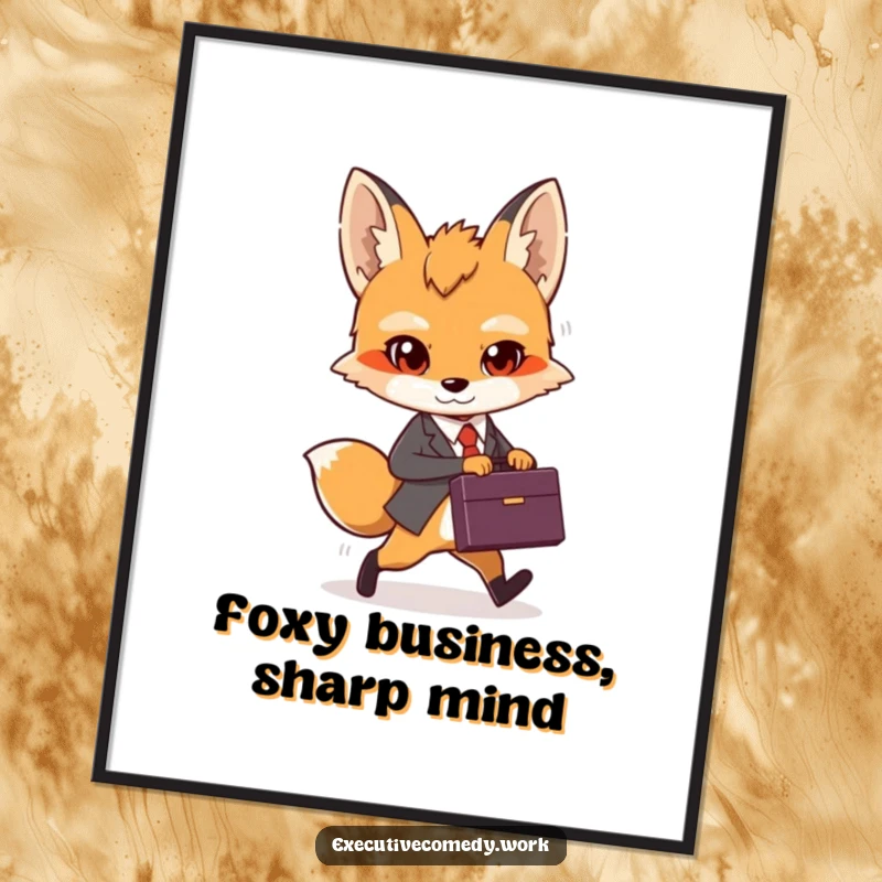 Funny Free Printable Wall Art: A sharp fox cub in a suit confidently strides with a briefcase, embodying determination.