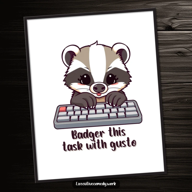 Funny Free Printable Wall Art: Determined badger with large paws excitedly taps on a keyboard, embodying focus.