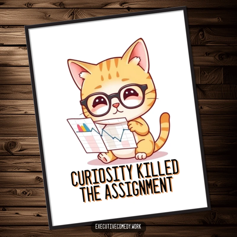 Funny Free Printable Wall Art: Curious cat wearing glasses studies a complex graph, embodying intelligence and learning.
