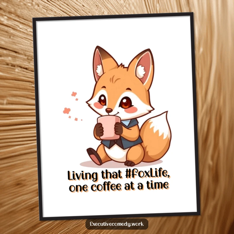 Funny Free Printable Wall Art: A debonair fox in a waistcoat enjoys a coffee mug, adding humor to your decor.