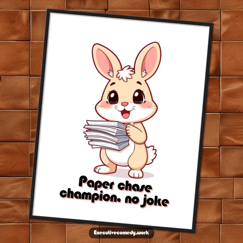 Funny Free Printable Wall Art: A rabbit with a focused look holds many papers, symbolizing organized chaos and humor.
