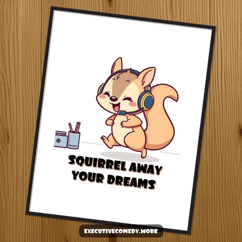 Funny Free Printable Wall Art: Playful squirrel with headset rushes across a desk, embodying productivity and focus.